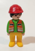 1990 Geobra Playmobil Construction Worker Green Shirt Orange Vest Yellow Pants Red Hard Hat 3" Toy Figure