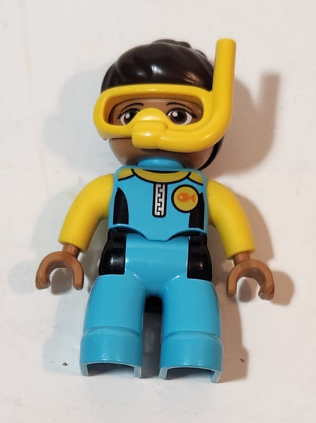 Lego Duplo Brown Haired Woman in Blue Suit with Yellow Snorkel Azure Diving Suit 2 3/4" Tall Toy Figure