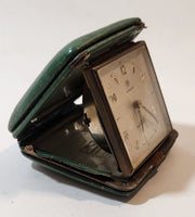 Vintage 1950s Junghans 7 Jewels Shock Proof Alligator Texture Green Leather Cased Wind Up Travel Alarm Clock Made in Germany