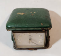Vintage 1950s Junghans 7 Jewels Shock Proof Alligator Texture Green Leather Cased Wind Up Travel Alarm Clock Made in Germany