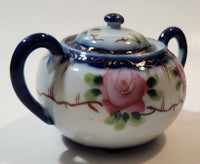 Antique c. 1891-1921 Nippon Pink Rose Flowers White and Blue Hand Painted Porcelain Sugar Bowl