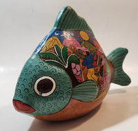 Vintage Talavera Style Tropical Fish with Hand Painted Scenes 10" Long Terracotta Sculpture