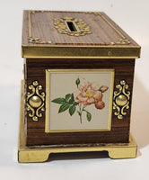 Vintage Harry Vincent Blue Bird Confectionary Pink and Yellow Flower Chest Shaped Tin Metal Coin Bank