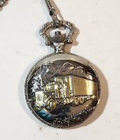 Vintage Suisse Semi Truck and Mountains Silver Tone Metal Embossed Pocket Watch
