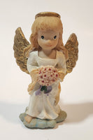 Angel in White Holding Pink Flower Bouquet 3 5/8" Resin Figurine