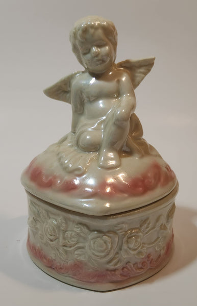 Angel Sitting White Pink 5" Porcelain Trinket Box