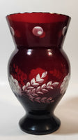 Vintage Bohemian Czech Ruby Red Flower and Leaves Raised Pattern 6 3/4" Tall Flower Vase
