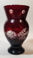 Vintage Bohemian Czech Ruby Red Flower and Leaves Raised Pattern 6 3/4" Tall Flower Vase