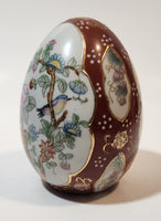 Hand Painted Flowers Birds Nature Scenery 4 1/4" Tall Porcelain Egg Ornament