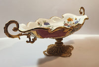 Vintage Flower Pattern 17 3/4" Center Bowl Dish with Brass Handles and Pedestal Base