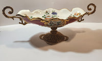 Vintage Flower Pattern 17 3/4" Center Bowl Dish with Brass Handles and Pedestal Base