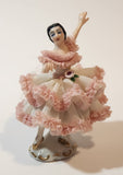 Vintage Crown 'D' Original Dresden Ballerina 3 3/4" Pink and White Lace Porcelain Dressed Figurine