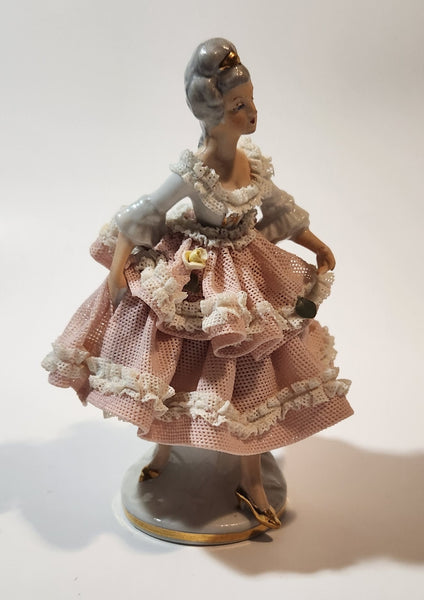 Vintage Crown 'N' Dresden Ballerina 5 1/4" Pink and White Lace Porcelain Dressed Figurine