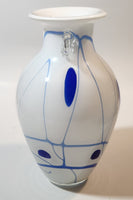 White with Blue Lines and Oval Spots Clear Glass Handles 9 3/4" Tall Art Glass Amphora Vase