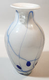 White with Blue Lines and Oval Spots Clear Glass Handles 9 3/4" Tall Art Glass Amphora Vase