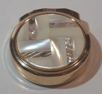Vintage Fisher Mother of Pearl Abalone Shell Engraved Gold Tone Round Shaped Lighter Made in Japan