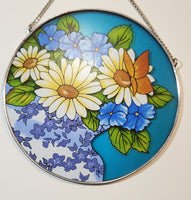 Blue and White Flower Themed 6 1/4" Stained Glass Sun Catcher Window Hanging