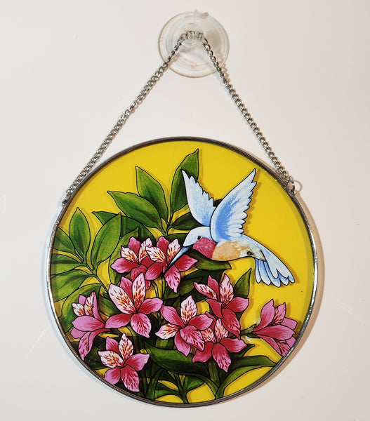 Blue Hummingbird with Pink Flowers 6 1/4" Stained Glass Sun Catcher Window Hanging