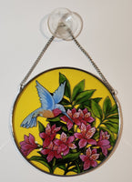 Blue Hummingbird with Pink Flowers 6 1/4" Stained Glass Sun Catcher Window Hanging