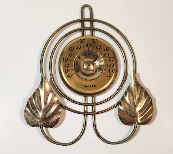 Vintage Cooper Leaf Themed Brass Metal Wall Thermometer Made in U.S.A.