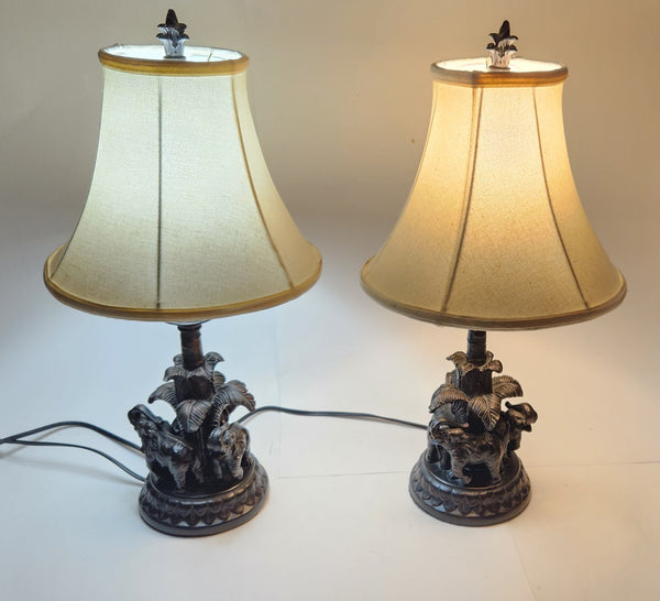 Beautiful Detailed Elephant and Palm Tree Based Black Heavy Resin Table Lamp Set of 2