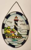 Lighthouse with Seagulls Oval Shaped 6 1/2" x 8 1/2" Painted Stained Glass Suncatcher