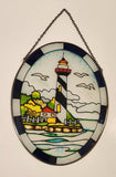 Lighthouse with Seagulls Oval Shaped 6 1/2" x 8 1/2" Painted Stained Glass Suncatcher