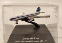 New Ray Delta Airlines McDonnell Douglas MD - 11 1/850 Scale Die Cast Toy Airplane in Display Case