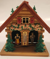 Vintage German Christmas Themed Black Forest Bavarian House Homestead Shaped Wooden and Plastic Thermometer with Man and Woman 5 1/2" Tall