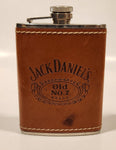 Jack Daniels Old No. 7 Brand Whiskey Brown Leather Covered Cuved 6 Oz. Stainless Steel Flask