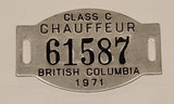 Vintage 1971 British Columbia Class C Chauffeur License Badge Metal Tag 61587