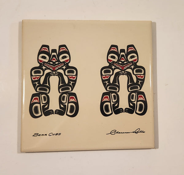 Clarence A Wells "Bear Cubs" Aboriginal Art Ceramic Tile Trivet