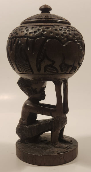 Seated Man Holding Rhinoceros Themed 7 1/2" Hand Carved Wood African Sculpture Trinket Box