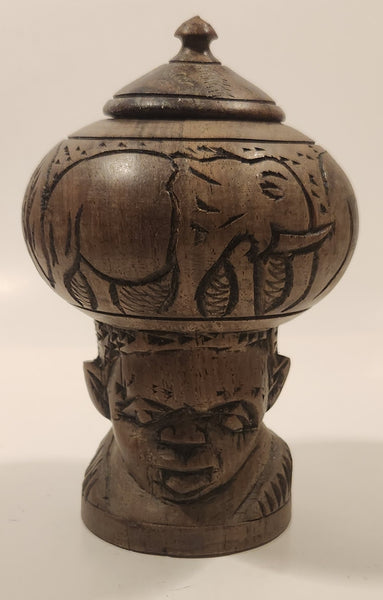 Elephant Rhinoceros and Head Bust 6 1/2" Hand Carved Wood African Sculpture Trinket Box