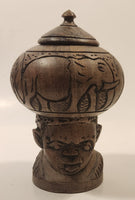 Elephant Rhinoceros and Head Bust 6 1/2" Hand Carved Wood African Sculpture Trinket Box
