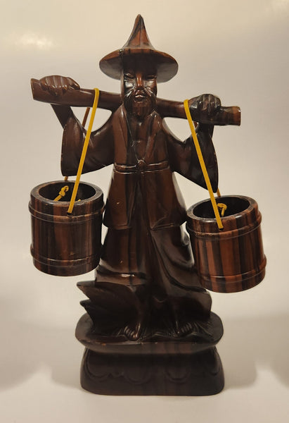 Chinese Man Carrying Buckets Carved Wood Sculpture