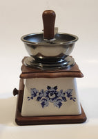 Vintage Blue Flowers White Porcelain Wood and Metal Coffee Grinder Mill