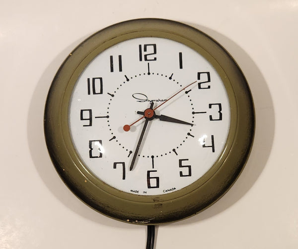 Retro Mid-Century Ingraham Olive Green 7" Round Electric Plug In Wall Clock Made in Canada