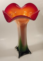 Murano Style Red White Green Jack In The Pulpit Lily Shaped 14 3/4" Tall Art Glass Flower Vase