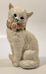 White Cat with Pink Rose Collar 6 3/4" Tall Porcelain Figurine Made in Japan
