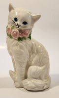 White Cat with Pink Rose Collar 6 3/4" Tall Porcelain Figurine Made in Japan