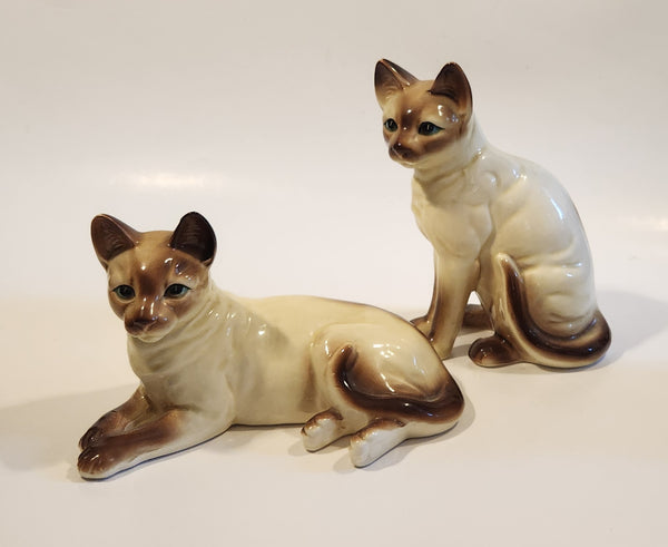 Vintage Siamese Cats One Sitting One Laying 6 1/4" Tall and 6 3/4" Long Porcelain Figurines Set of 2 Made in Japan