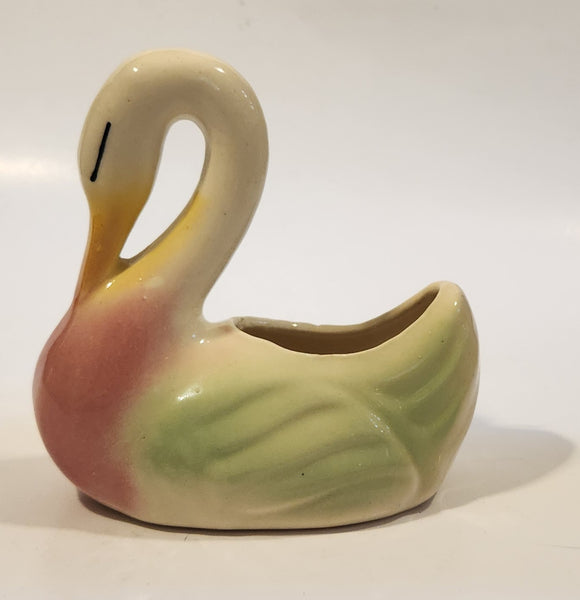 Vintage Pink Green White 5 1/4" Long Swan Bird Planter