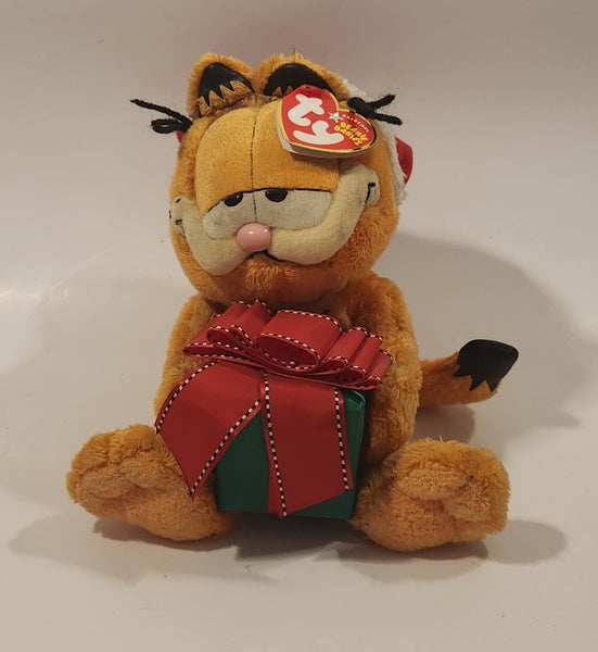 2005 Ty Beanie Babies Paws Garfield Christmas Santa Holding Present 9 1/2" Tall Toy Plush Stuffed Character with Tag