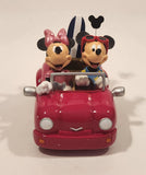 Disneyland Hong Kong Mickey and Minnie Mouse Bobble Heads in Red Convertible Car with Surfboards 4 1/2" Long Resin Figure New in Box