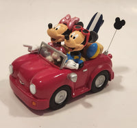 Disneyland Hong Kong Mickey and Minnie Mouse Bobble Heads in Red Convertible Car with Surfboards 4 1/2" Long Resin Figure New in Box