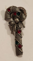 1988 JJ Christmas Candy Cane with Red and Green Rhinestones Metal Brooch Pin