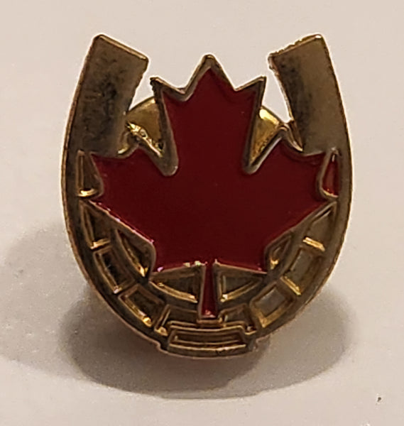 Red Canadian Maple Leaf in Horseshoe Enamel Gold Metal Lapel Pin