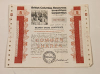 BCRIC British Columbia Resource Investment Corporation Bearer Share Certificate 5 Shares EXPIRED