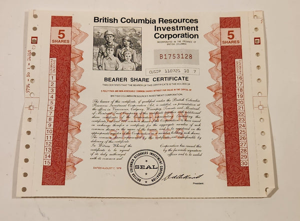 BCRIC British Columbia Resource Investment Corporation Bearer Share Certificate 5 Shares EXPIRED